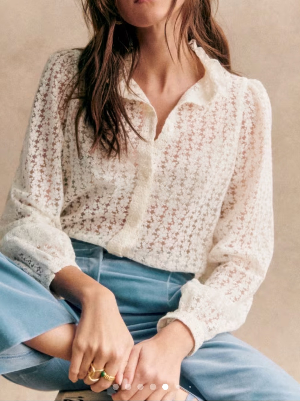 Sezane Ivory Floral Lace Button-Down Shirt